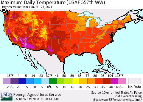 United States Extreme Maximum Temperature (USAF 557th WW) Thematic Map For 6/21/2021 - 6/27/2021