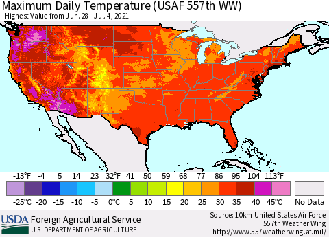 United States Maximum Daily Temperature (USAF 557th WW) Thematic Map For 6/28/2021 - 7/4/2021