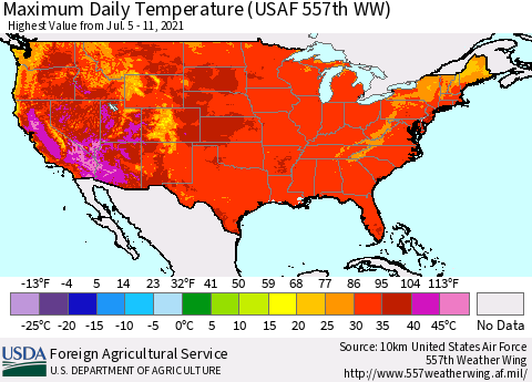United States Maximum Daily Temperature (USAF 557th WW) Thematic Map For 7/5/2021 - 7/11/2021