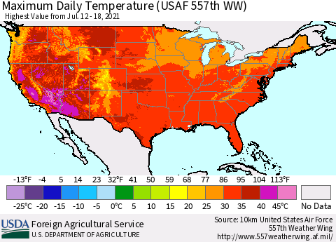 United States Maximum Daily Temperature (USAF 557th WW) Thematic Map For 7/12/2021 - 7/18/2021