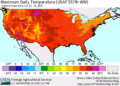United States Maximum Daily Temperature (USAF 557th WW) Thematic Map For 7/19/2021 - 7/25/2021