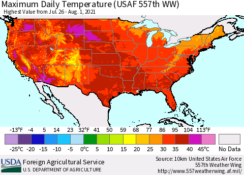 United States Maximum Daily Temperature (USAF 557th WW) Thematic Map For 7/26/2021 - 8/1/2021