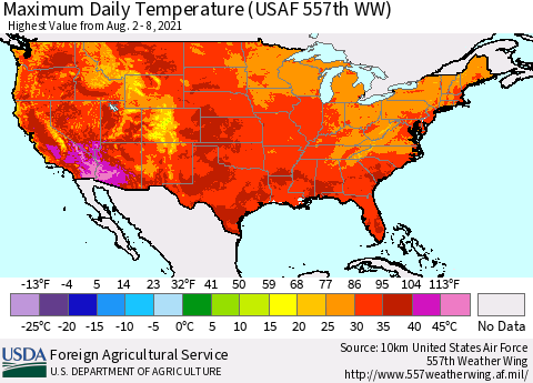 United States Maximum Daily Temperature (USAF 557th WW) Thematic Map For 8/2/2021 - 8/8/2021