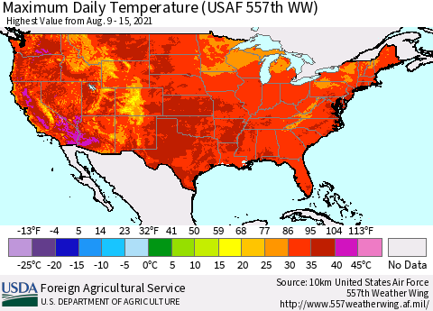 United States Maximum Daily Temperature (USAF 557th WW) Thematic Map For 8/9/2021 - 8/15/2021