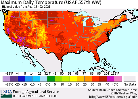 United States Maximum Daily Temperature (USAF 557th WW) Thematic Map For 8/16/2021 - 8/22/2021