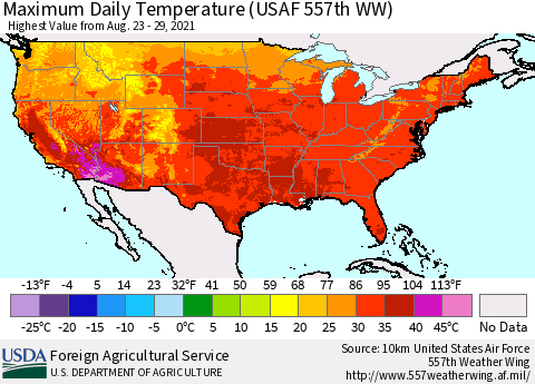 United States Maximum Daily Temperature (USAF 557th WW) Thematic Map For 8/23/2021 - 8/29/2021