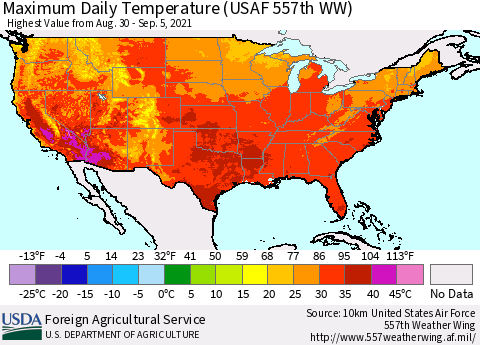 United States Maximum Daily Temperature (USAF 557th WW) Thematic Map For 8/30/2021 - 9/5/2021