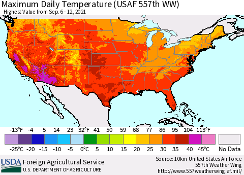 United States Maximum Daily Temperature (USAF 557th WW) Thematic Map For 9/6/2021 - 9/12/2021