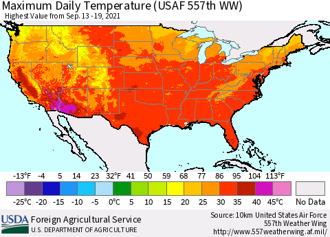 United States Maximum Daily Temperature (USAF 557th WW) Thematic Map For 9/13/2021 - 9/19/2021