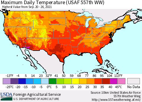 United States Extreme Maximum Temperature (USAF 557th WW) Thematic Map For 9/20/2021 - 9/26/2021