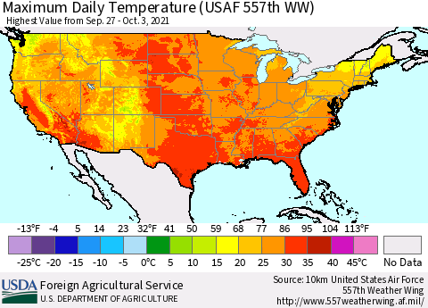 United States Maximum Daily Temperature (USAF 557th WW) Thematic Map For 9/27/2021 - 10/3/2021