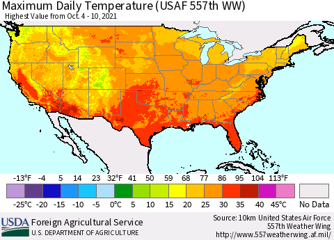 United States Maximum Daily Temperature (USAF 557th WW) Thematic Map For 10/4/2021 - 10/10/2021