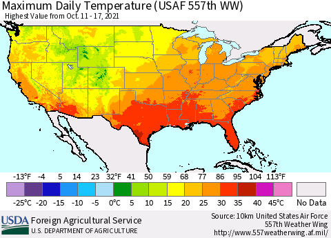United States Maximum Daily Temperature (USAF 557th WW) Thematic Map For 10/11/2021 - 10/17/2021