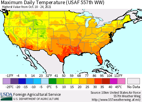 United States Maximum Daily Temperature (USAF 557th WW) Thematic Map For 10/18/2021 - 10/24/2021