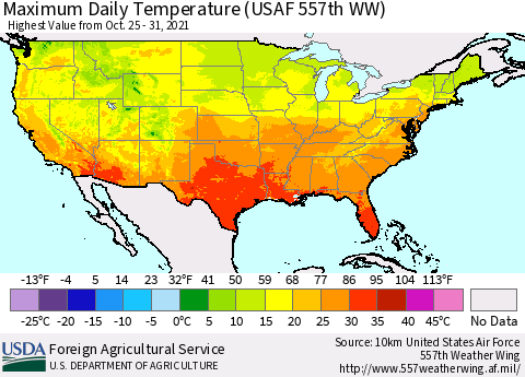 United States Maximum Daily Temperature (USAF 557th WW) Thematic Map For 10/25/2021 - 10/31/2021