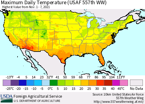 United States Maximum Daily Temperature (USAF 557th WW) Thematic Map For 11/1/2021 - 11/7/2021
