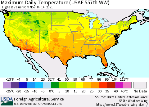 United States Maximum Daily Temperature (USAF 557th WW) Thematic Map For 11/8/2021 - 11/14/2021