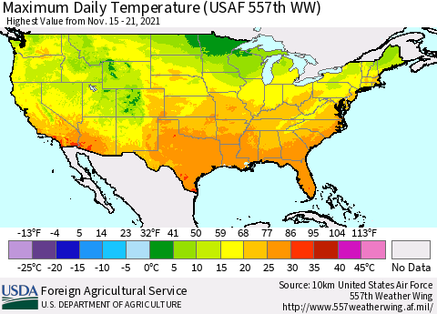 United States Extreme Maximum Temperature (USAF 557th WW) Thematic Map For 11/15/2021 - 11/21/2021