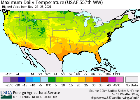 United States Maximum Daily Temperature (USAF 557th WW) Thematic Map For 11/22/2021 - 11/28/2021