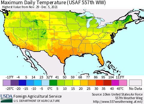 United States Extreme Maximum Temperature (USAF 557th WW) Thematic Map For 11/29/2021 - 12/5/2021