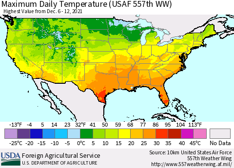 United States Maximum Daily Temperature (USAF 557th WW) Thematic Map For 12/6/2021 - 12/12/2021
