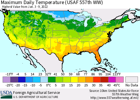 United States Maximum Daily Temperature (USAF 557th WW) Thematic Map For 1/3/2022 - 1/9/2022