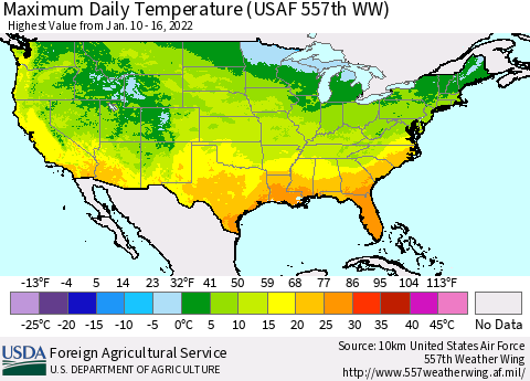 United States Maximum Daily Temperature (USAF 557th WW) Thematic Map For 1/10/2022 - 1/16/2022
