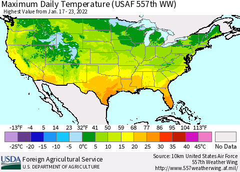 United States Maximum Daily Temperature (USAF 557th WW) Thematic Map For 1/17/2022 - 1/23/2022