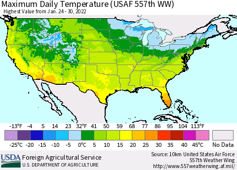 United States Maximum Daily Temperature (USAF 557th WW) Thematic Map For 1/24/2022 - 1/30/2022