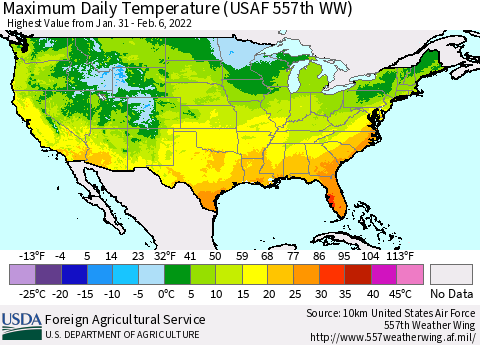 United States Maximum Daily Temperature (USAF 557th WW) Thematic Map For 1/31/2022 - 2/6/2022