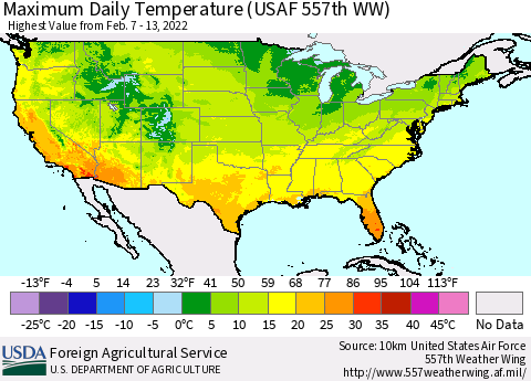 United States Maximum Daily Temperature (USAF 557th WW) Thematic Map For 2/7/2022 - 2/13/2022