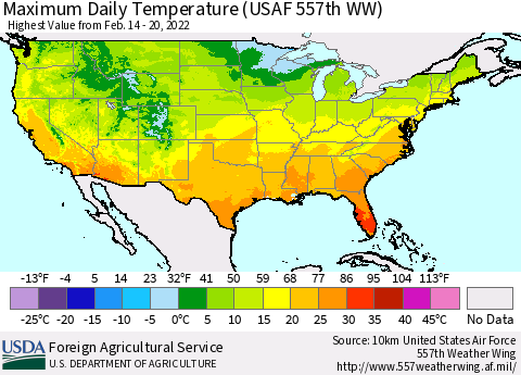 United States Maximum Daily Temperature (USAF 557th WW) Thematic Map For 2/14/2022 - 2/20/2022