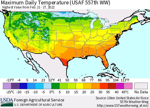United States Maximum Daily Temperature (USAF 557th WW) Thematic Map For 2/21/2022 - 2/27/2022