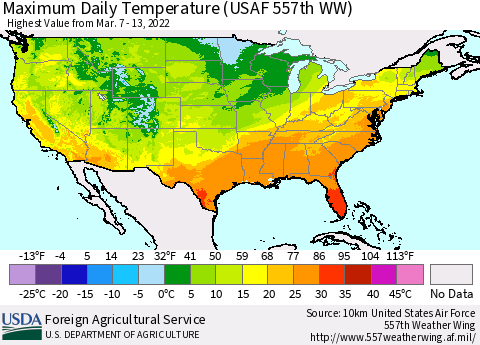 United States Maximum Daily Temperature (USAF 557th WW) Thematic Map For 3/7/2022 - 3/13/2022