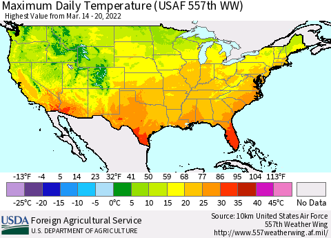 United States Extreme Maximum Temperature (USAF 557th WW) Thematic Map For 3/14/2022 - 3/20/2022