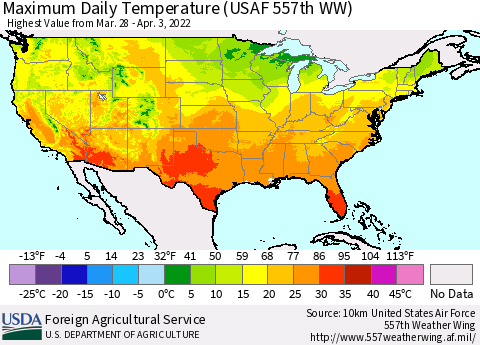 United States Maximum Daily Temperature (USAF 557th WW) Thematic Map For 3/28/2022 - 4/3/2022