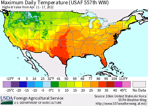 United States Maximum Daily Temperature (USAF 557th WW) Thematic Map For 4/11/2022 - 4/17/2022