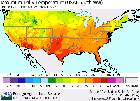 United States Maximum Daily Temperature (USAF 557th WW) Thematic Map For 4/25/2022 - 5/1/2022