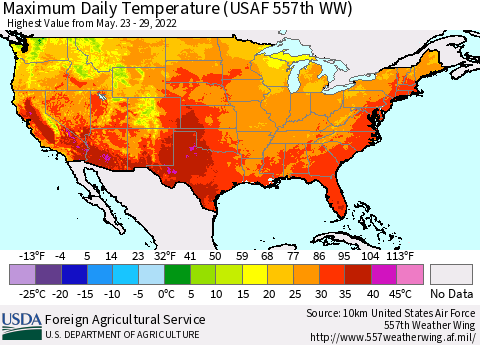 United States Maximum Daily Temperature (USAF 557th WW) Thematic Map For 5/23/2022 - 5/29/2022