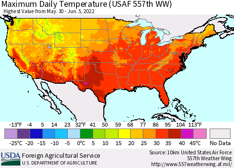 United States Maximum Daily Temperature (USAF 557th WW) Thematic Map For 5/30/2022 - 6/5/2022