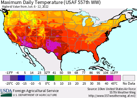 United States Maximum Daily Temperature (USAF 557th WW) Thematic Map For 6/6/2022 - 6/12/2022