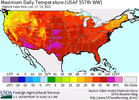 United States Extreme Maximum Temperature (USAF 557th WW) Thematic Map For 6/13/2022 - 6/19/2022