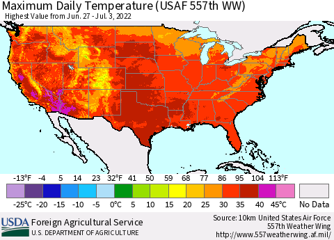 United States Maximum Daily Temperature (USAF 557th WW) Thematic Map For 6/27/2022 - 7/3/2022