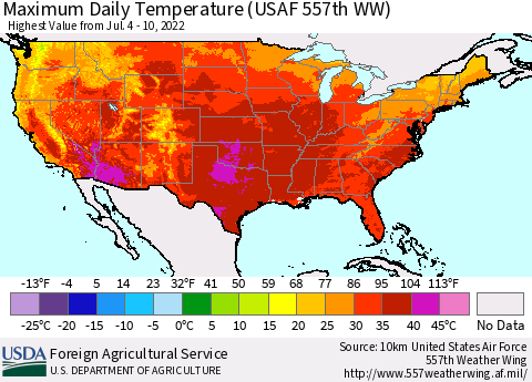 United States Maximum Daily Temperature (USAF 557th WW) Thematic Map For 7/4/2022 - 7/10/2022
