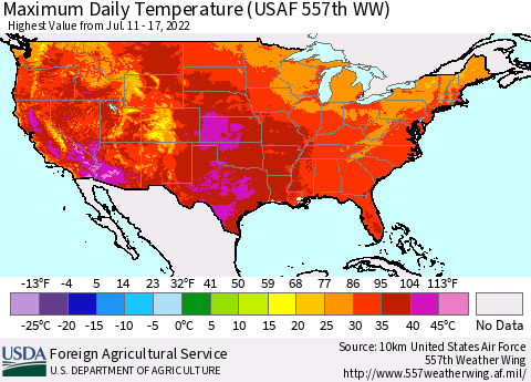 United States Maximum Daily Temperature (USAF 557th WW) Thematic Map For 7/11/2022 - 7/17/2022