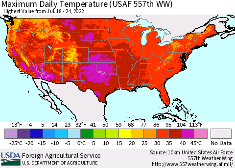 United States Extreme Maximum Temperature (USAF 557th WW) Thematic Map For 7/18/2022 - 7/24/2022