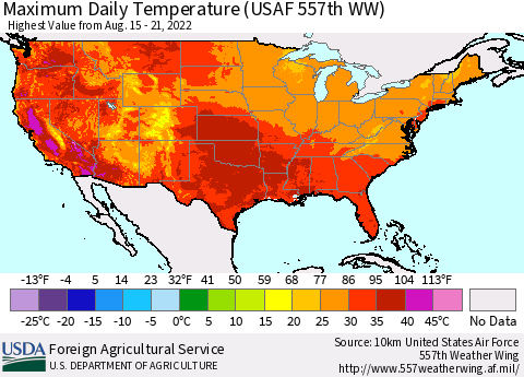 United States Extreme Maximum Temperature (USAF 557th WW) Thematic Map For 8/15/2022 - 8/21/2022