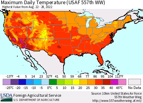 United States Extreme Maximum Temperature (USAF 557th WW) Thematic Map For 8/22/2022 - 8/28/2022