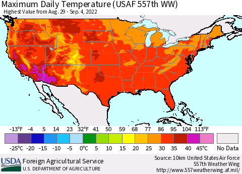 United States Extreme Maximum Temperature (USAF 557th WW) Thematic Map For 8/29/2022 - 9/4/2022