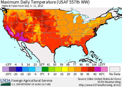 United States Maximum Daily Temperature (USAF 557th WW) Thematic Map For 9/5/2022 - 9/11/2022